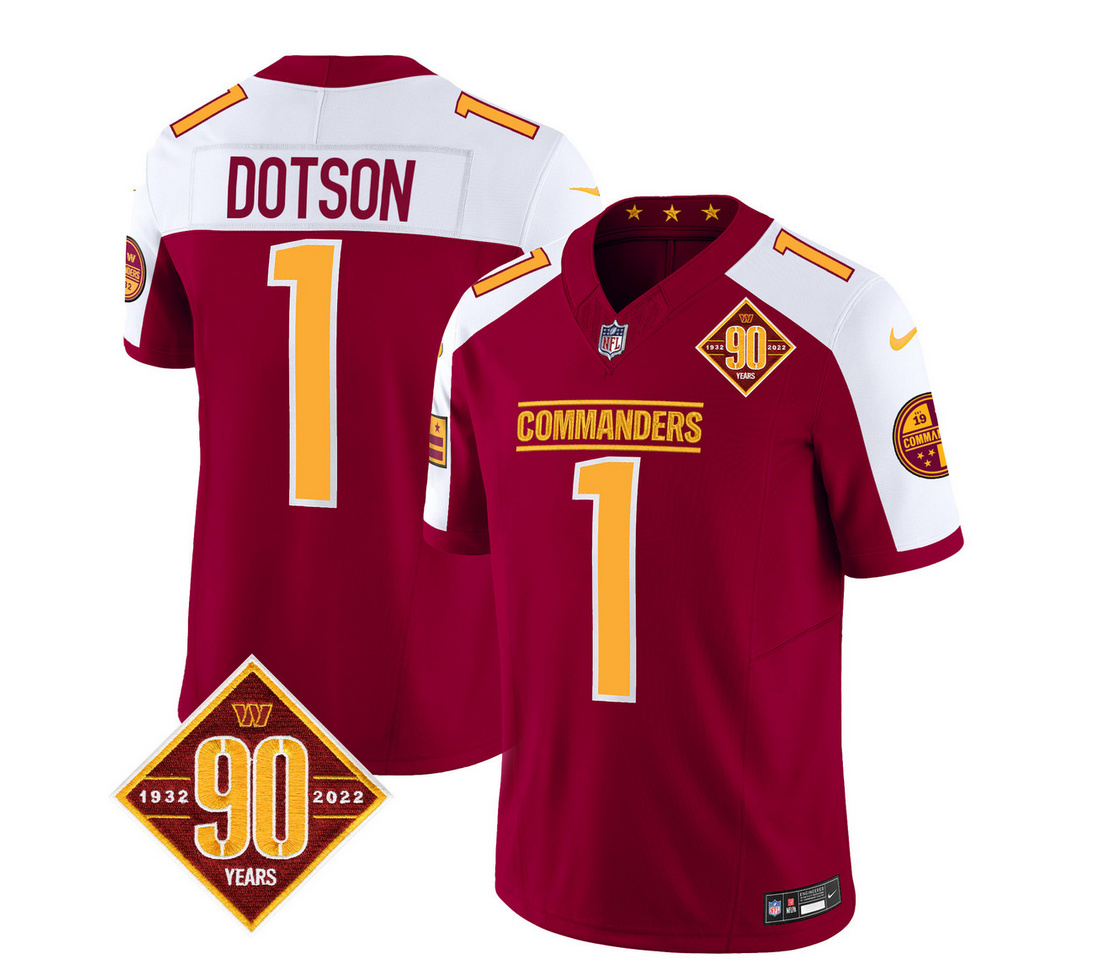 Men's Washington Commanders #1 Jahan Dotson Burgundy/White 2023 F.U.S.E. 90th Anniversary Vapor Limited Stitched Football Jersey Men's Washington Commanders #1 Jahan Dotson Burgundy/White 2023 F.U.S.E. 90th Anniversary Vapor Limited Stitched Football Jersey