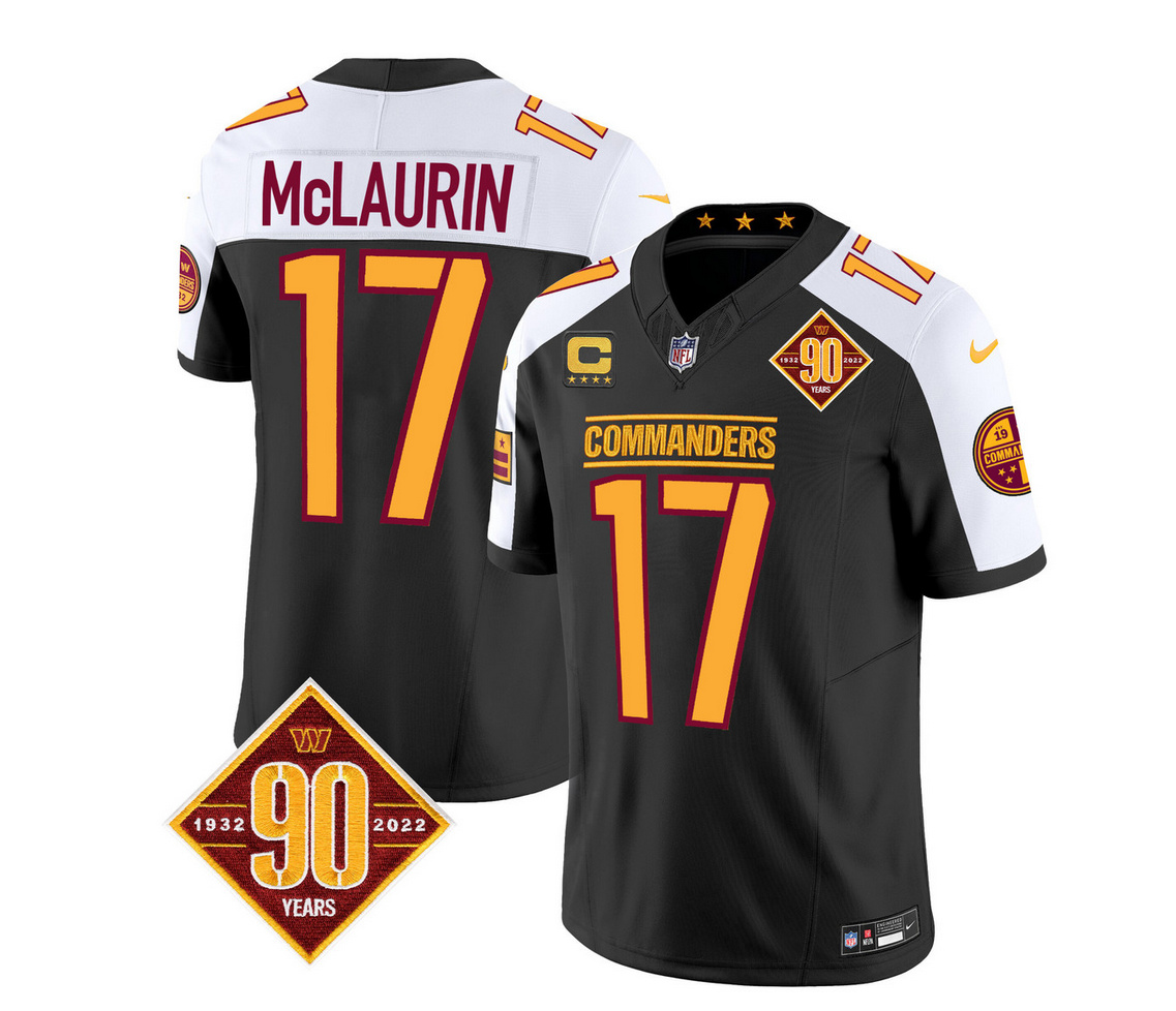 Men's Washington Commanders #17 Terry McLaurin Black/White 2023 F.U.S.E. 90th Anniversary Vapor Limited Stitched Football Jersey Men's Washington Commanders #17 Terry McLaurin Black/White 2023 F.U.S.E. 90th Anniversary Vapor Limited Stitched Football Jersey