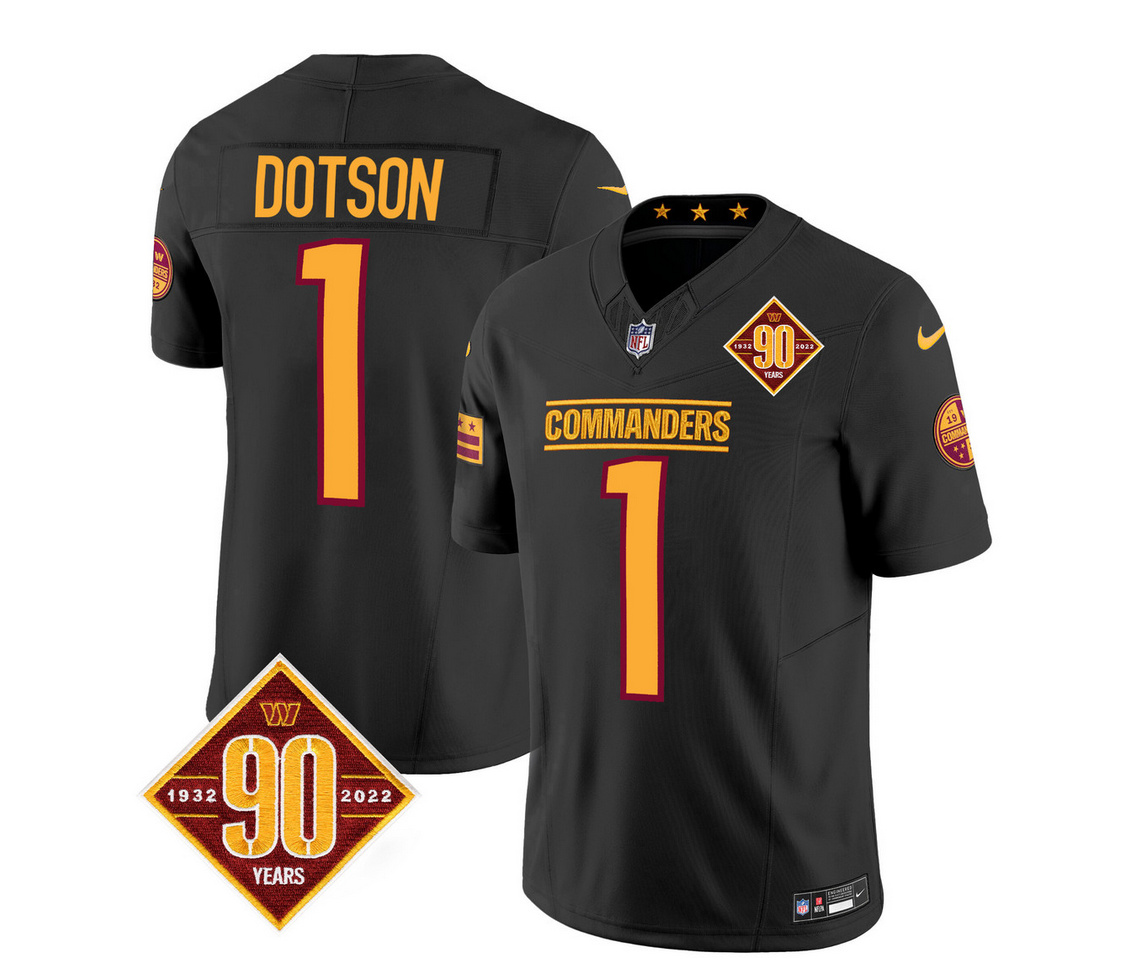 Men's Washington Commanders #1 Jahan Dotson Black 2023 F.U.S.E. 90th Anniversary Vapor Limited Stitched Football Jersey Men's Washington Commanders #1 Jahan Dotson Black 2023 F.U.S.E. 90th Anniversary Vapor Limited Stitched Football Jersey