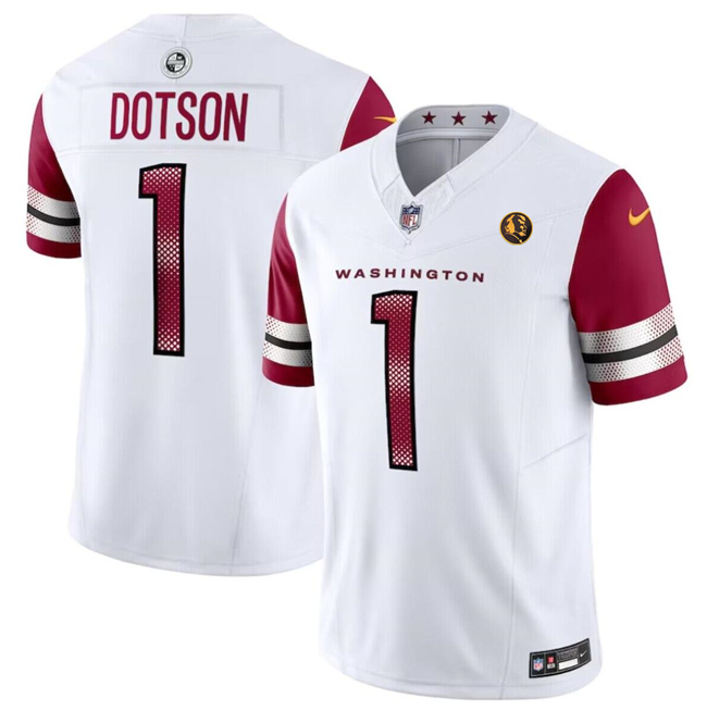Men's Washington Commanders #1 Jahan Dotson White 2023 F.U.S.E. With John Madden Patch Vapor Limited Stitched Football Jersey Men's Washington Commanders #1 Jahan Dotson White 2023 F.U.S.E. With John Madden Patch Vapor Limited Stitched Football Jersey
