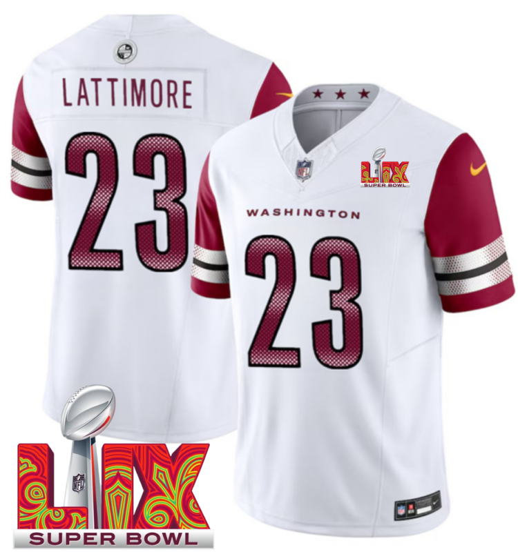 Men's Washington Commanders #23 Marshon Lattimore White F.U.S.E. 24/25 Super Bowl LIX Vapor Untouchable Limited Stitched Football Jersey Men's Washington Commanders #23 Marshon Lattimore White F.U.S.E. 24/25 Super Bowl LIX Vapor Untouchable Limited Stitched Football Jersey