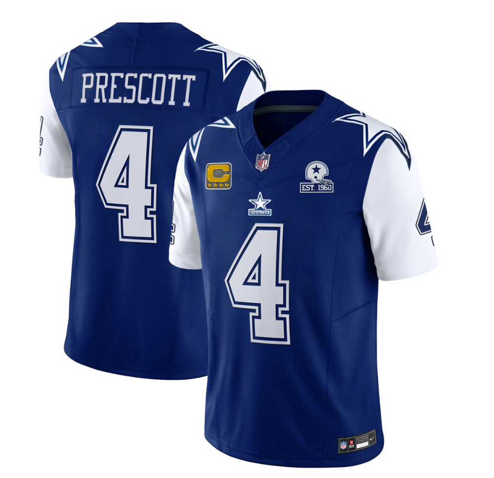Men's Dallas Cowboys #4 Dak Prescott 2023 F.U.S.E. Navy With Established In 1960 Patch And 4-Star C Patch Stitched Football Jersey Men's Dallas Cowboys #4 Dak Prescott 2023 F.U.S.E. Navy With Established In 1960 Patch And 4-Star C Patch Stitched Football Jersey