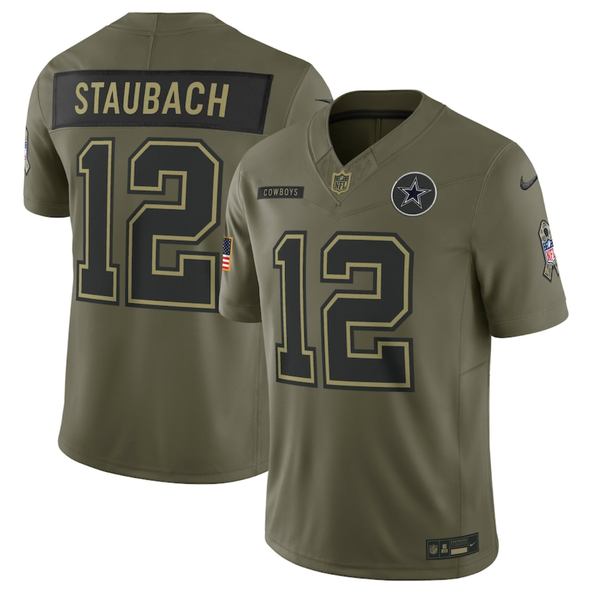 Men's Dallas Cowboys #12 Roger Staubach Olive 2025 Salute to Service Limited Stitched Football Jersey Men's Dallas Cowboys #12 Roger Staubach Olive 2025 Salute to Service Limited Stitched Football Jersey