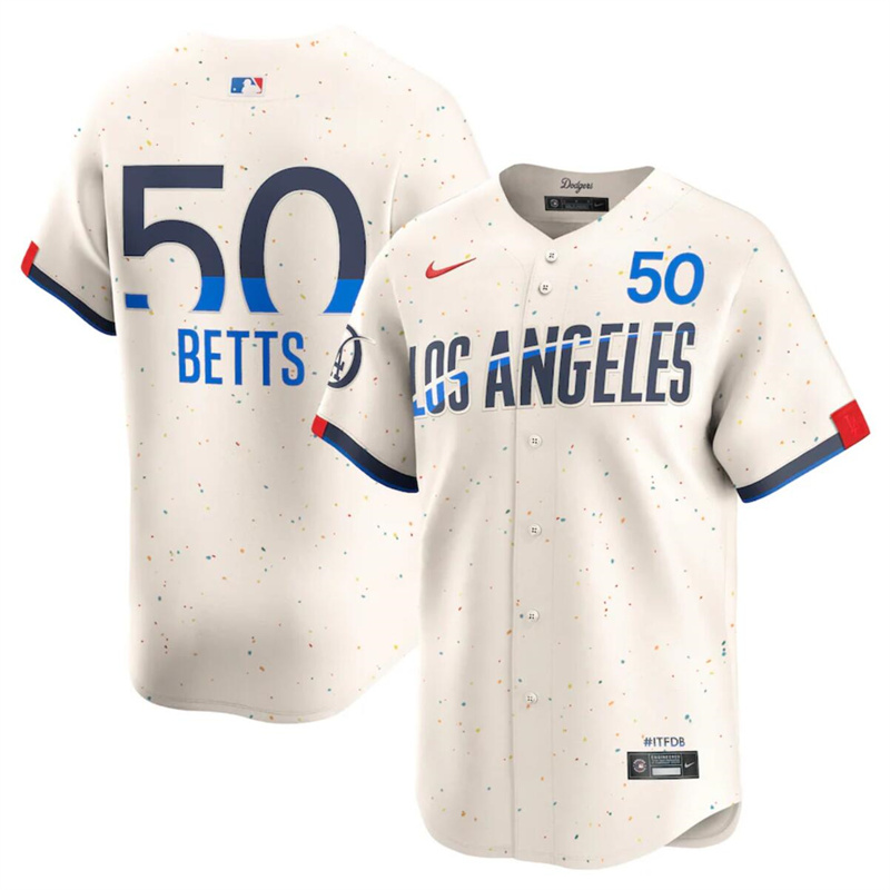 Men's Los Angeles Dodgers #50 Mookie Betts Cream 2024 City Connect Limited Stitched Baseball Jersey Men's Los Angeles Dodgers #50 Mookie Betts Cream 2024 City Connect Limited Stitched Baseball Jersey