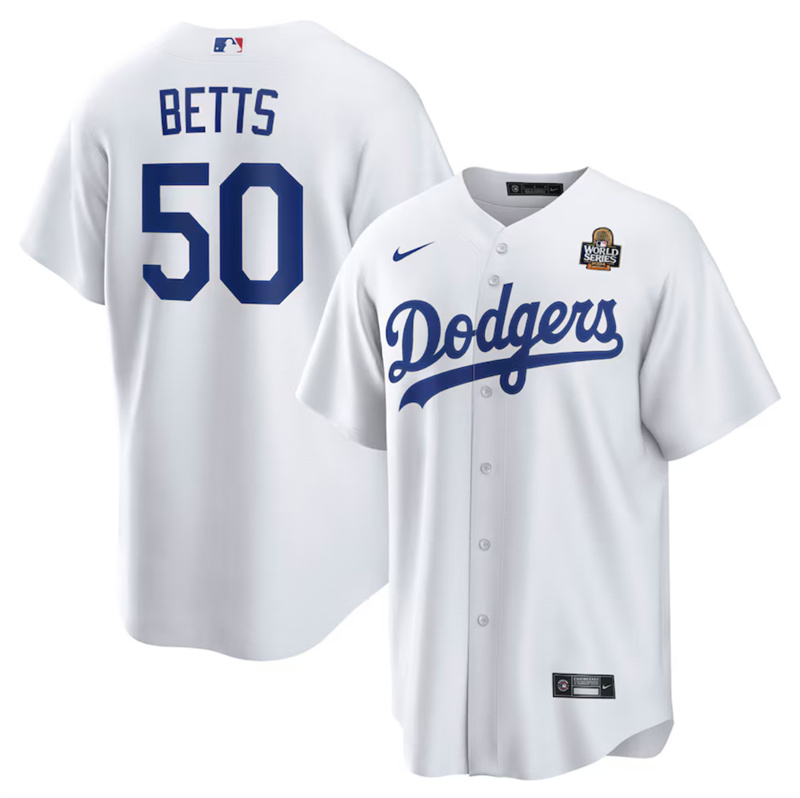 Men's Los Angeles Dodgers #50 Mookie Betts White 2024 World Series Cool Base Stitched Baseball Jersey Men's Los Angeles Dodgers #50 Mookie Betts White 2024 World Series Cool Base Stitched Baseball Jersey