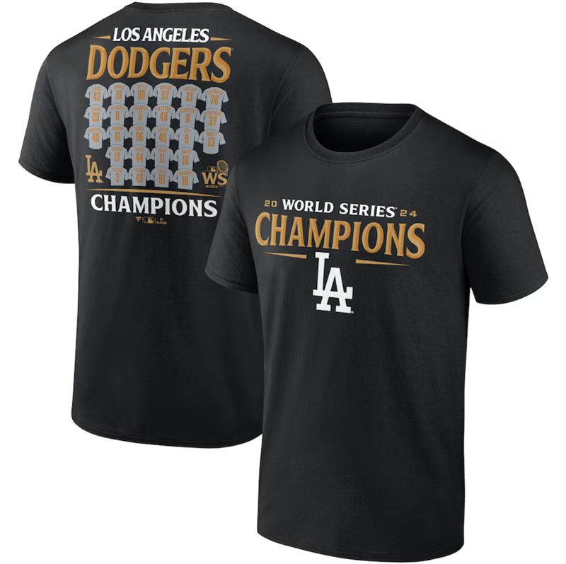 Men's Los Angeles Dodgers Black 2024 World Series Champions Jersey Roster T-Shirt Men's Los Angeles Dodgers Black 2024 World Series Champions Jersey Roster T-Shirt