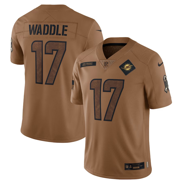 Men's Miami Dolphins #17 Jaylen Waddle 2023 Brown Salute To Service Limited Stitched Football Jersey Men's Miami Dolphins #17 Jaylen Waddle 2023 Brown Salute To Service Limited Stitched Football Jersey