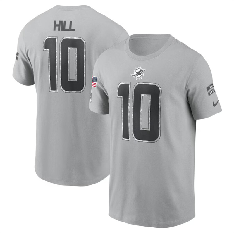 Men's Miami Dolphins #10 Tyreek Hill 2024 Gray Salute To Service Name & Number T-Shirt Men's Miami Dolphins #10 Tyreek Hill 2024 Gray Salute To Service Name & Number T-Shirt
