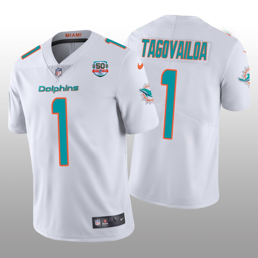 Men's Miami Dolphins #1 Tua Tagovailoa 2022 White With 50th Perfect Season Patch Limited Stitched Jersey
