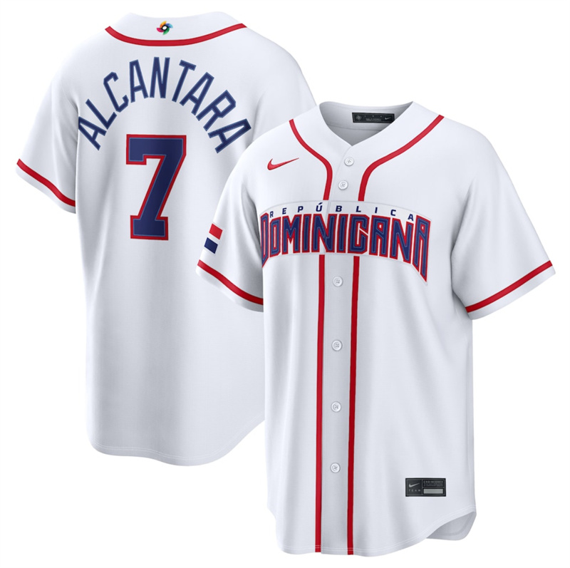 Men's Dominican Republic Baseball #7 Sandy Alcantara White 2026 World Baseball Classic Home Stadium Stitched Jersey Men's Dominican Republic Baseball #7 Sandy Alcantara White 2026 World Baseball Classic Home Stadium Stitched Jersey