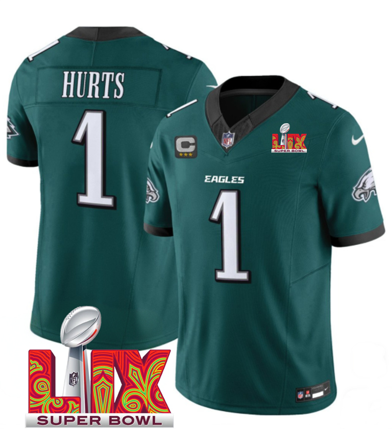Men's Philadelphia Eagles #1 Jalen Hurts Green F.U.S.E. 24/25 Super Bowl LIX With 3-Star C Patch Vapor Untouchable Limited Stitched Football Jersey