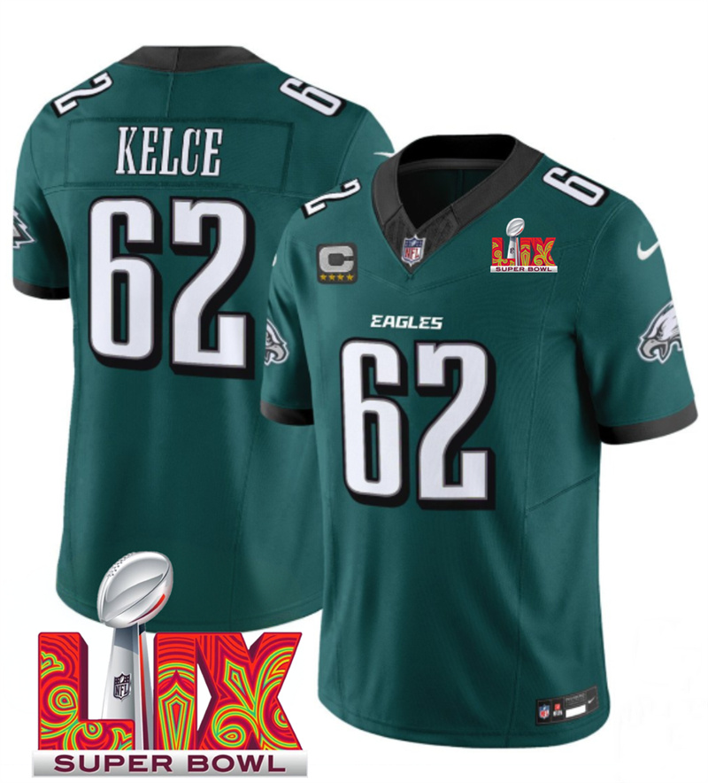Men's Philadelphia Eagles #62 Jason Kelce Green F.U.S.E. 24/25 Super Bowl LIX With 4-Star C Patch Vapor Untouchable Limited Stitched Football Jersey