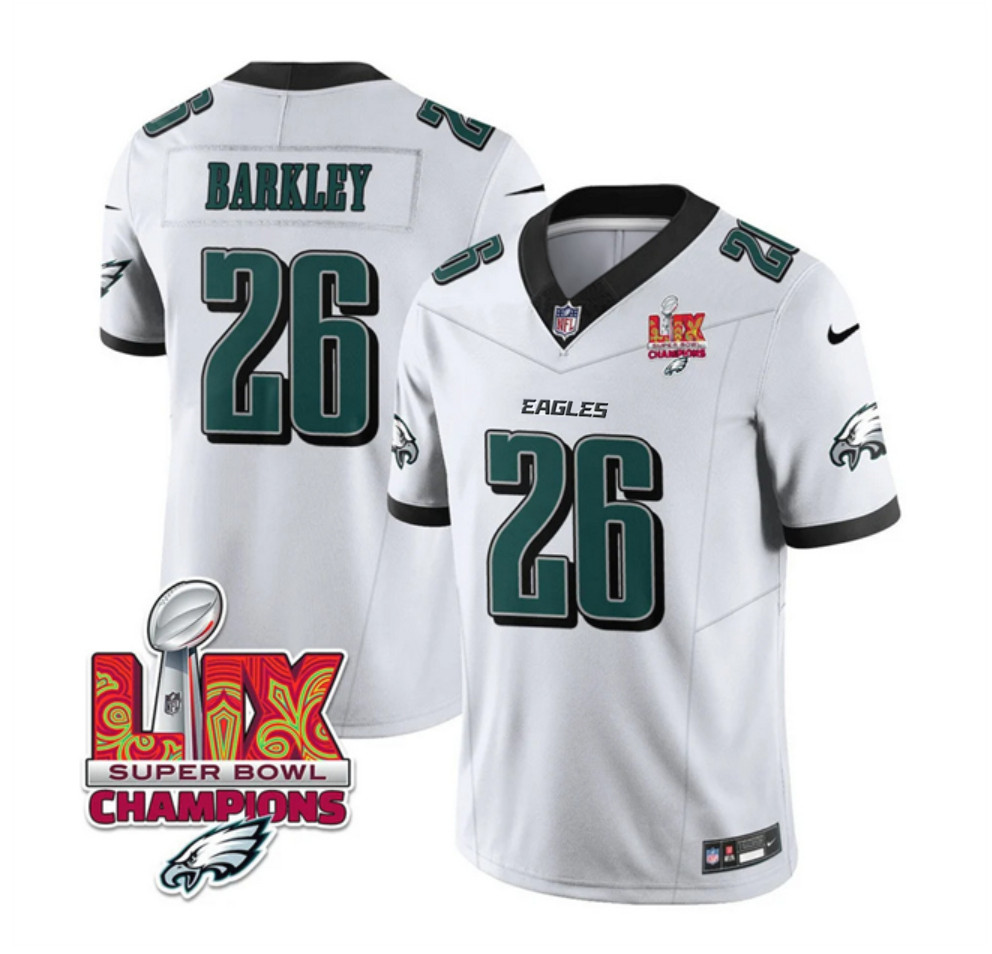 Men's Philadelphia Eagles #26 Saquon Barkley White 2025 Eagles Logo Super Bowl LIX Patch New F.U.S.E. Vapor Untouchable Limited Stitched Football Jersey Men's Philadelphia Eagles #26 Saquon Barkley White 2025 Eagles Logo Super Bowl LIX Patch New F.U.S.E. Vapor Untouchable Limited Stitched Football Jersey