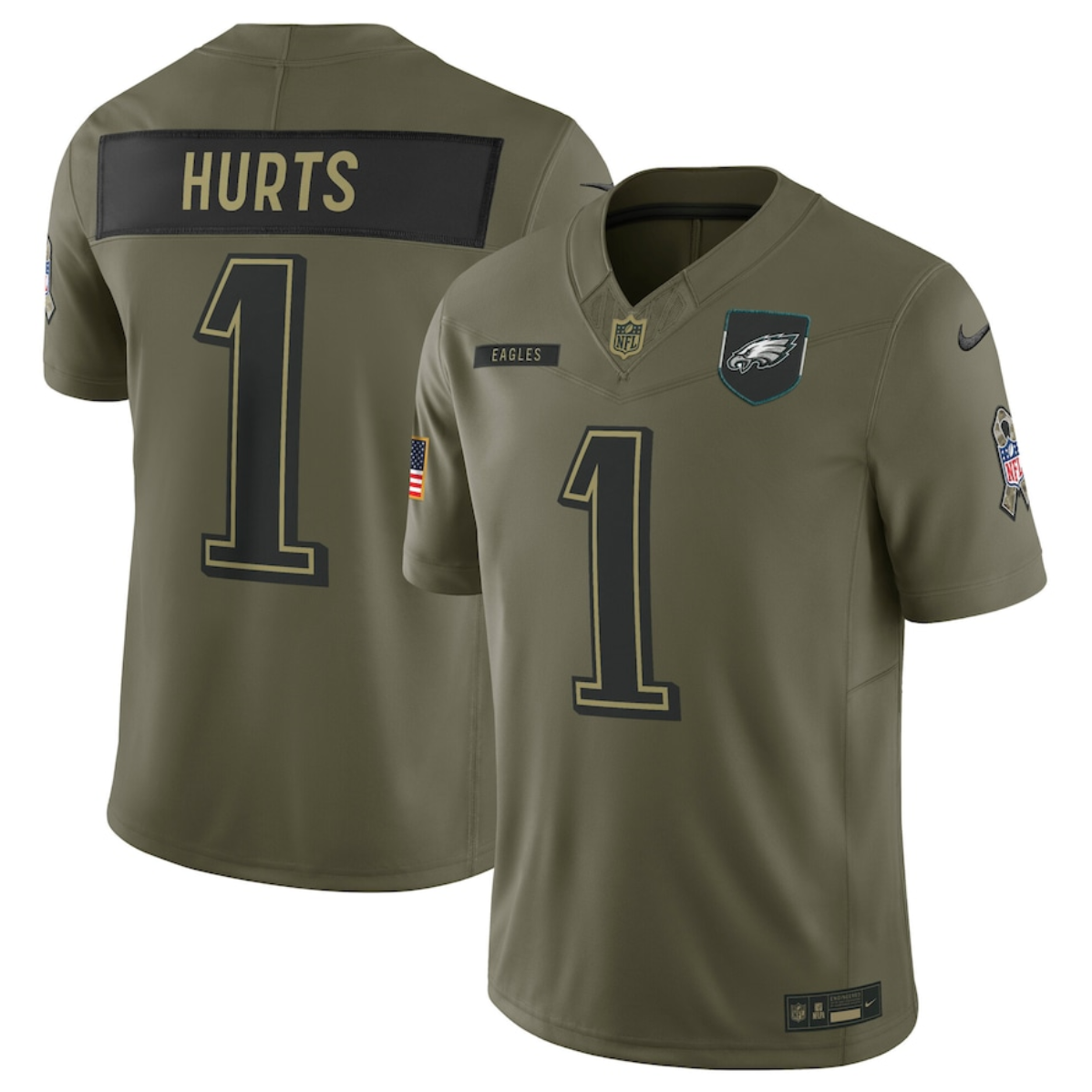 Men's Philadelphia Eagles #1 Jalen Hurts Olive 2025 Salute to Service Limited Stitched Football Jersey Men's Philadelphia Eagles #1 Jalen Hurts Olive 2025 Salute to Service Limited Stitched Football Jersey