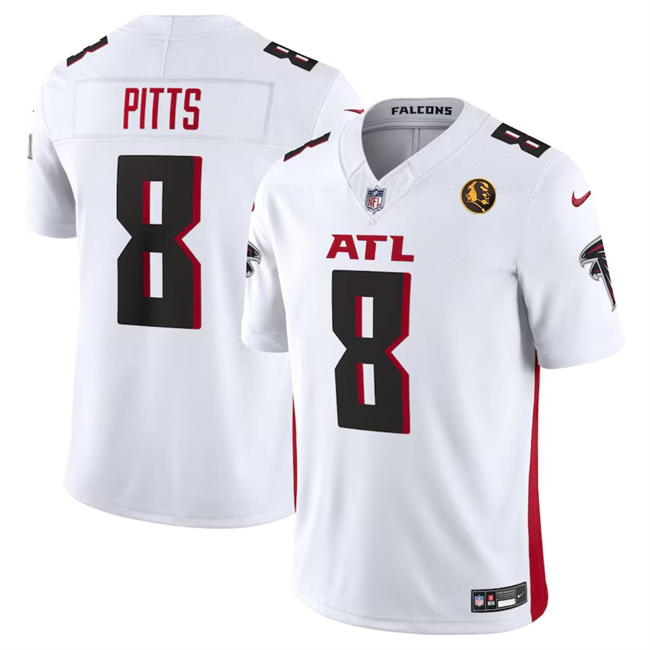 Men's Atlanta Falcons #8 Kyle Pitts White 2023 F.U.S.E. With John Madden Patch Vapor Limited Stitched Football Jersey Men's Atlanta Falcons #8 Kyle Pitts White 2023 F.U.S.E. With John Madden Patch Vapor Limited Stitched Football Jersey