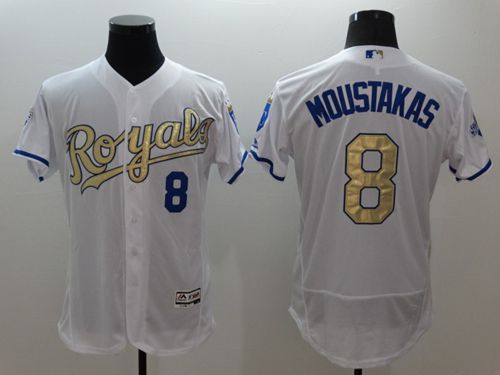 Royals #8 Mike Moustakas White 2015 World Series Champions Gold Program FlexBase Authentic Stitched MLB Jersey Royals #8 Mike Moustakas White 2015 World Series Champions Gold Program FlexBase Authentic Stitched MLB Jersey