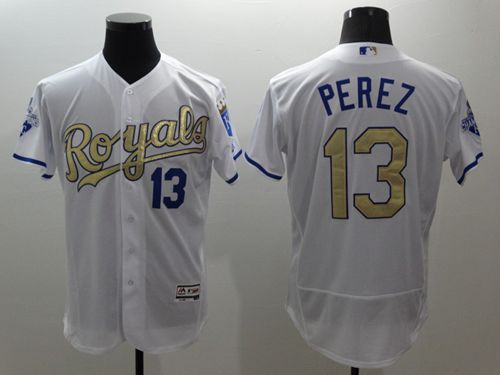 Royals #13 Salvador Perez White 2015 World Series Champions Gold Program FlexBase Authentic Stitched MLB Jersey Royals #13 Salvador Perez White 2015 World Series Champions Gold Program FlexBase Authentic Stitched MLB Jersey