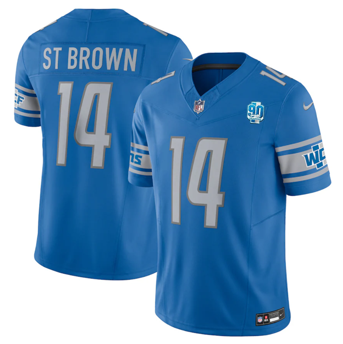 Men's Detroit Lions #14 Amon-Ra St. Brown Blue 2023 F.U.S.E. 90th Anniversary Vapor Untouchable Limited Stitched Jersey Men's Detroit Lions #14 Amon-Ra St. Brown Blue 2023 F.U.S.E. 90th Anniversary Vapor Untouchable Limited Stitched Jersey
