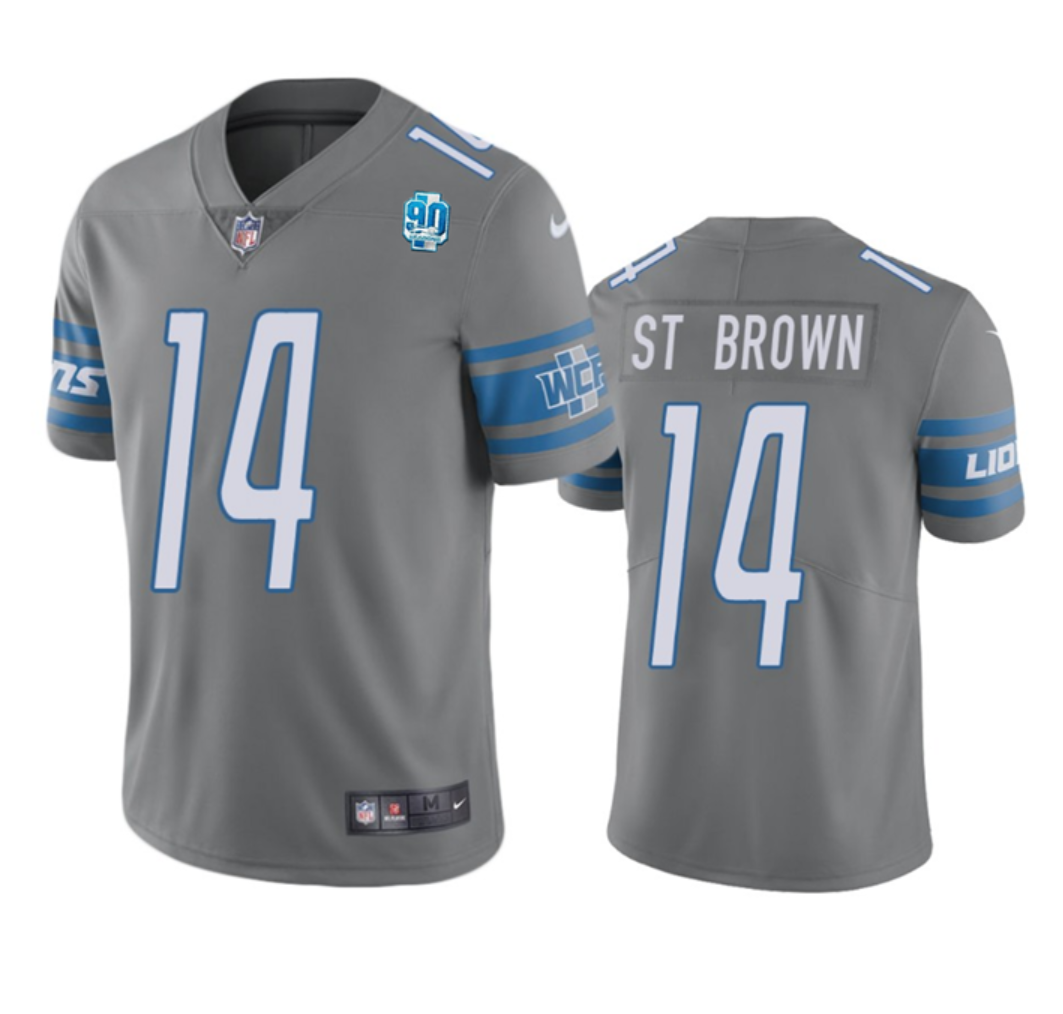 Men's Detroit Lions #14 Amon-Ra St. Brown Grey 2023 90th Anniversary Vapor Untouchable Limited Stitched Jersey Men's Detroit Lions #14 Amon-Ra St. Brown Grey 2023 90th Anniversary Vapor Untouchable Limited Stitched Jersey