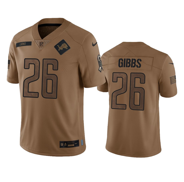Men's Detroit Lions #26 Jahmyr Gibbs 2023 Brown Salute To Service Limited Stitched Jersey Men's Detroit Lions #26 Jahmyr Gibbs 2023 Brown Salute To Service Limited Stitched Jersey