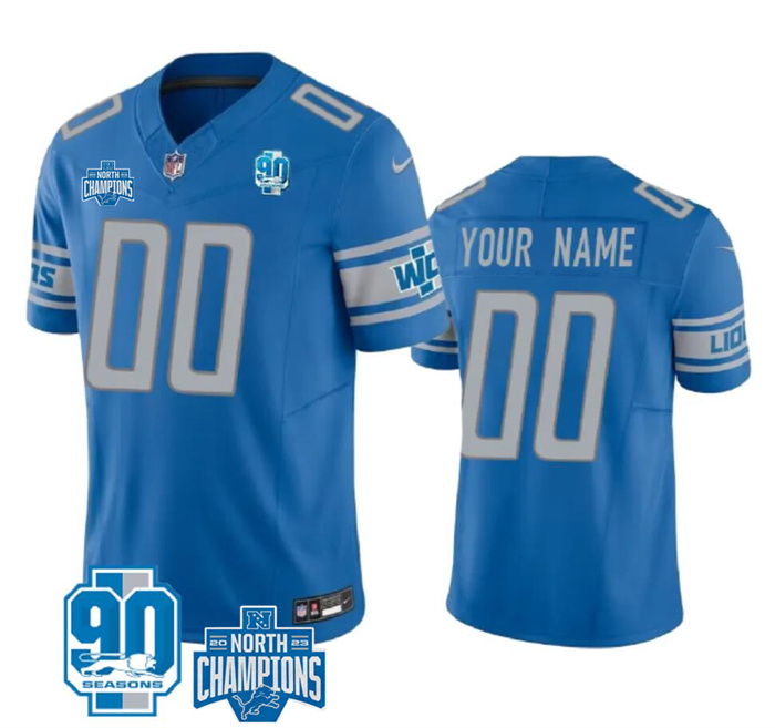 Men's Detroit Lions Active Player Custom Blue 2023 F.U.S.E. 90th Anniversary NFC North Division Champions Vapor Limited Stitched Football Jersey Men's Detroit Lions Active Player Custom Blue 2023 F.U.S.E. 90th Anniversary NFC North Division Champions Vapor Limited Stitched Football Jersey