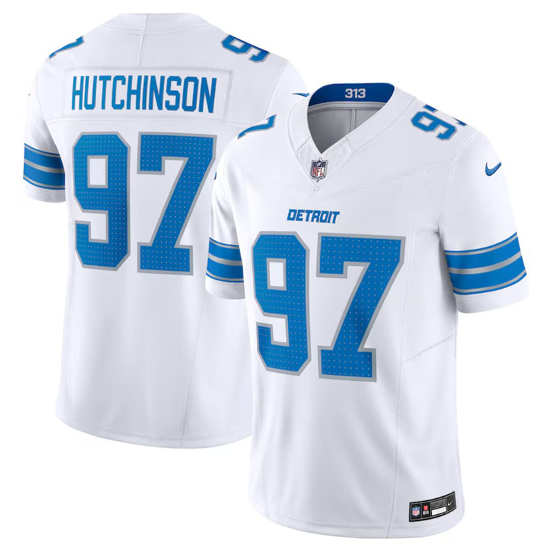 Men's Detroit Lions #97 Aidan Hutchinson White 2024 F.U.S.E. Vapor Limited Stitched Jersey Men's Detroit Lions #97 Aidan Hutchinson White 2024 F.U.S.E. Vapor Limited Stitched Jersey