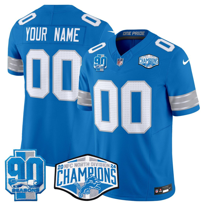 Men's Detroit Lions Active Player Custom Blue 2024 NFC North Champions 90th Anniversary Patch F.U.S.E. Vapor Limited Stitched Jersey Men's Detroit Lions Active Player Custom Blue 2024 NFC North Champions 90th Anniversary Patch F.U.S.E. Vapor Limited Stitched Jersey