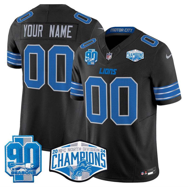 Men's Detroit Lions Actiive Player Custom Black 2024 NFC North Champions 90th Anniversary Patch F.U.S.E. Vapor Limited Stitched Jersey Men's Detroit Lions Actiive Player Custom Black 2024 NFC North Champions 90th Anniversary Patch F.U.S.E. Vapor Limited Stitched Jersey