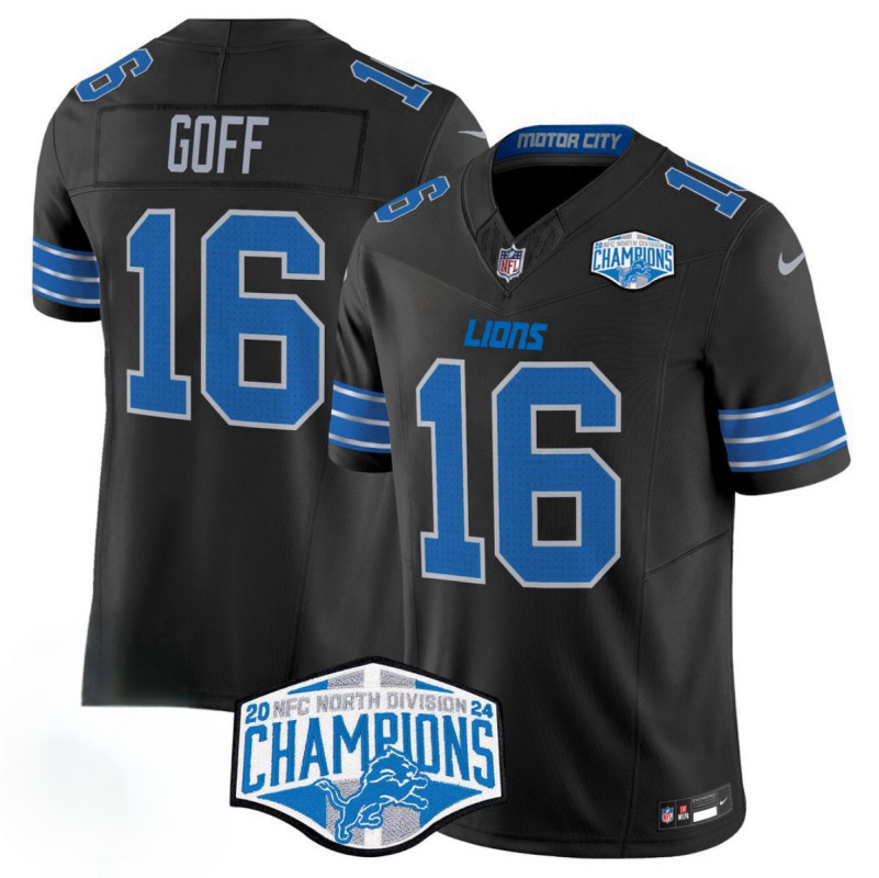 Men's Detroit Lions #16 Jared Goff Black 2024 NFC North Champions F.U.S.E. Vapor Limited Stitched Jersey
