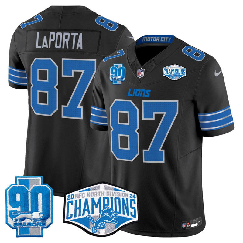 Men's Detroit Lions #87 Sam LaPorta Black 2024 NFC North Champions 90th Anniversary Patch F.U.S.E. Vapor Limited Stitched Jersey Men's Detroit Lions #87 Sam LaPorta Black 2024 NFC North Champions 90th Anniversary Patch F.U.S.E. Vapor Limited Stitched Jersey