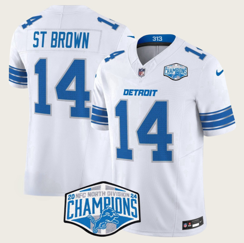 Men's Detroit Lions #14 Amon-Ra St. Brown White 2024 NFC North Champions F.U.S.E. Vapor Limited Stitched Jersey Men's Detroit Lions #14 Amon-Ra St. Brown White 2024 NFC North Champions F.U.S.E. Vapor Limited Stitched Jersey