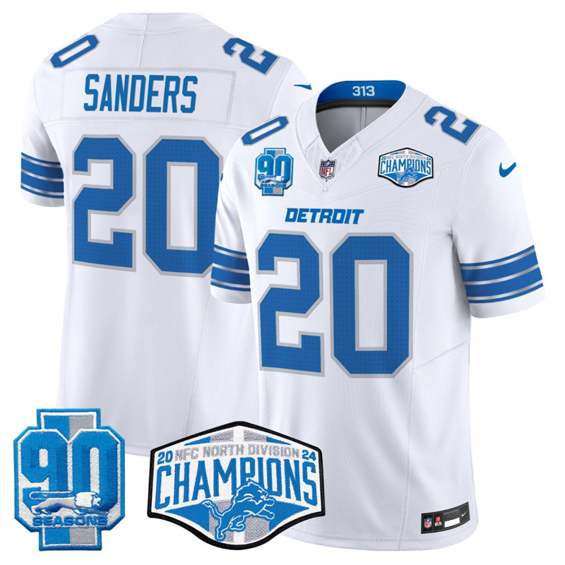 Men's Detroit Lions #20 Barry Sanders White 2024 NFC North Champions 90th Anniversary Patch F.U.S.E. Vapor Limited Stitched Jersey Men's Detroit Lions #20 Barry Sanders White 2024 NFC North Champions 90th Anniversary Patch F.U.S.E. Vapor Limited Stitched Jersey