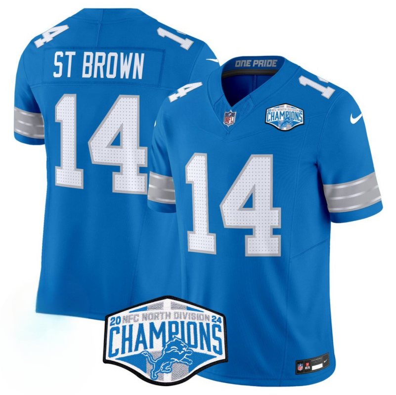 Men's Detroit Lions #14 Amon-Ra St. Brown Blue 2024 NFC North Champions F.U.S.E. Vapor Limited Stitched Jersey