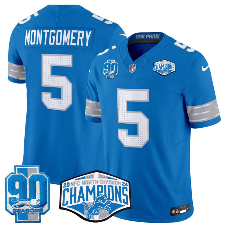 Men's Detroit Lions #5 David Montgomery Blue 2024 NFC North Champions 90th Anniversary Patch F.U.S.E. Vapor Limited Stitched Jersey Men's Detroit Lions #5 David Montgomery Blue 2024 NFC North Champions 90th Anniversary Patch F.U.S.E. Vapor Limited Stitched Jersey