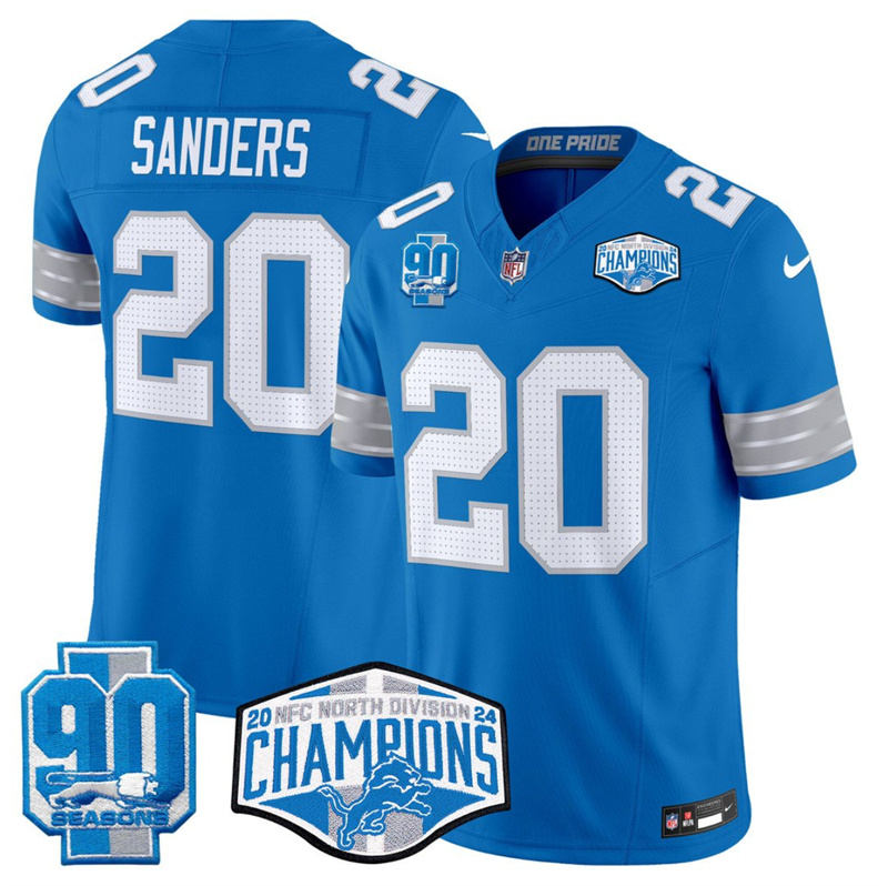 Men's Detroit Lions #20 Barry Sanders Blue 2024 NFC North Champions 90th Anniversary Patch F.U.S.E. Vapor Limited Stitched Jersey Men's Detroit Lions #20 Barry Sanders Blue 2024 NFC North Champions 90th Anniversary Patch F.U.S.E. Vapor Limited Stitched Jersey