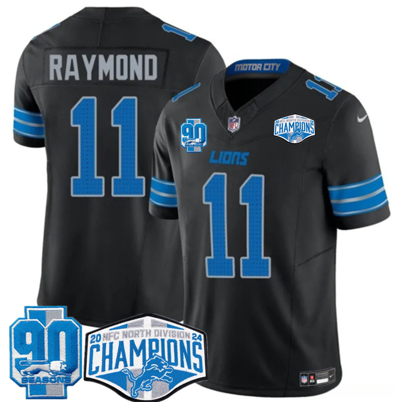 Men's Detroit Lions #11 Kalif Raymond Black 2024 NFC North Champions 90th Anniversary Patch F.U.S.E. Vapor Limited Stitched Jersey Men's Detroit Lions #11 Kalif Raymond Black 2024 NFC North Champions 90th Anniversary Patch F.U.S.E. Vapor Limited Stitched Jersey