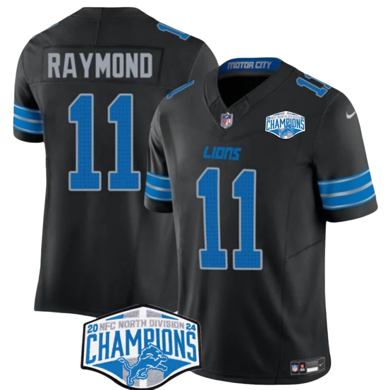 Men's Detroit Lions #11 Kalif Raymond Black 2024 NFC North Champions F.U.S.E. Vapor Limited Stitched Jersey Men's Detroit Lions #11 Kalif Raymond Black 2024 NFC North Champions F.U.S.E. Vapor Limited Stitched Jersey