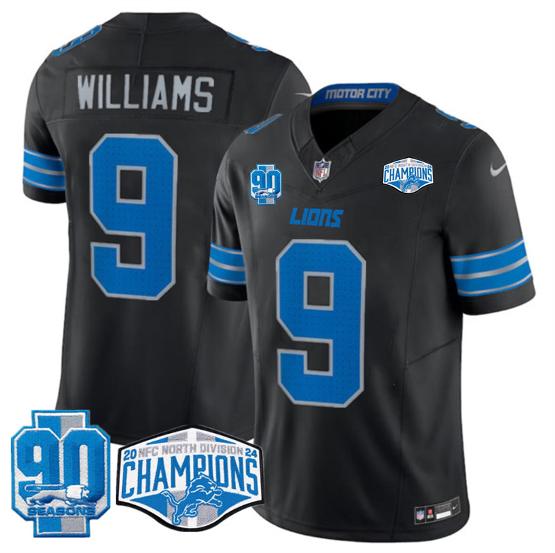 Men's Detroit Lions #9 Jameson Williams Black 2024 NFC North Champions 90th Anniversary Patch F.U.S.E. Vapor Limited Stitched Jersey Men's Detroit Lions #9 Jameson Williams Black 2024 NFC North Champions 90th Anniversary Patch F.U.S.E. Vapor Limited Stitched Jersey