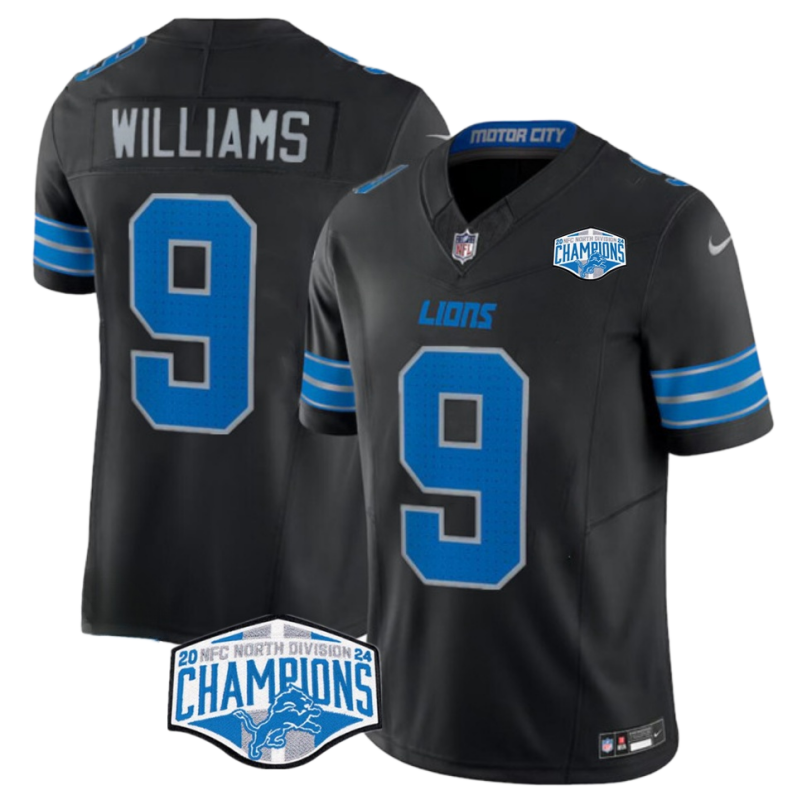 Men's Detroit Lions #9 Jameson Williams Black 2024 NFC North Champions 90th F.U.S.E. Vapor Limited Stitched Jersey Men's Detroit Lions #9 Jameson Williams Black 2024 NFC North Champions 90th F.U.S.E. Vapor Limited Stitched Jersey