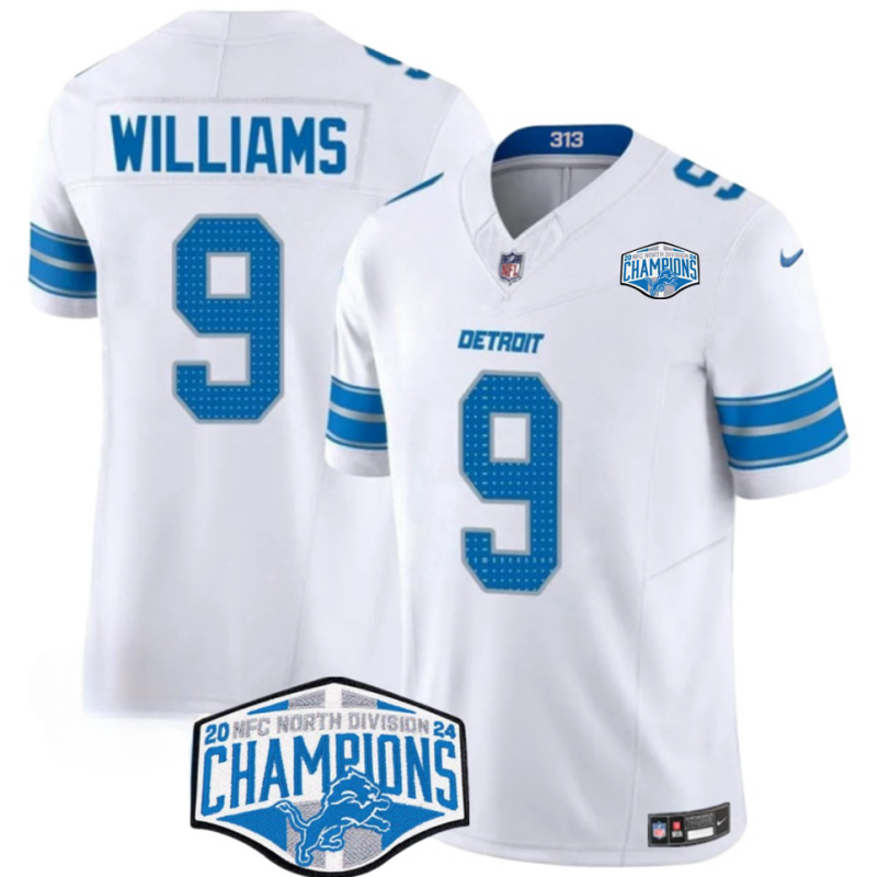 Men's Detroit Lions #9 Jameson Williams White 2024 NFC North Champions F.U.S.E. Vapor Limited Stitched Jersey Men's Detroit Lions #9 Jameson Williams White 2024 NFC North Champions F.U.S.E. Vapor Limited Stitched Jersey