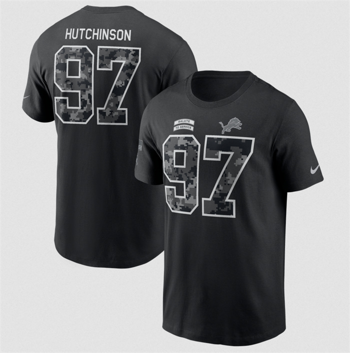 Men's Detroit Lions #97 Aidan Hutchinson Black 2026 Salute to Service Name & Number T-Shirt