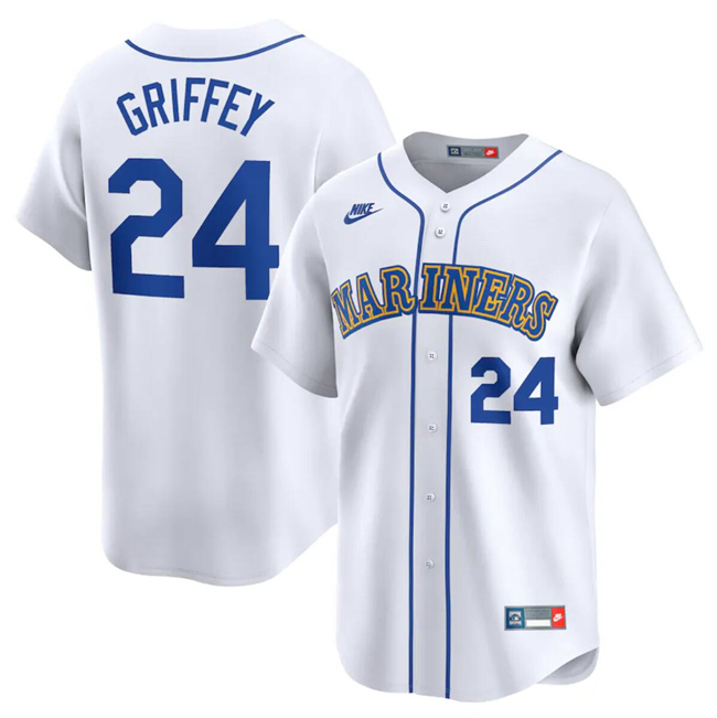 Men's Seattle Mariners #24 Ken Griffey Jr. White Throwback Cooperstown Limited Stitched Jersey Men's Seattle Mariners #24 Ken Griffey Jr. White Throwback Cooperstown Limited Stitched Jersey