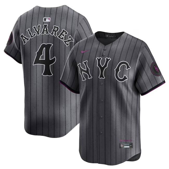 Men's New York Mets #4 Francisco Alvarez Graphite 2024 City Connect Limited Stitched Baseball Jersey Men's New York Mets #4 Francisco Alvarez Graphite 2024 City Connect Limited Stitched Baseball Jersey