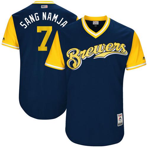 Brewers #7 Eric Thames Navy "Sang Namja" Players Weekend Authentic Stitched MLB Jersey Brewers #7 Eric Thames Navy "Sang Namja" Players Weekend Authentic Stitched MLB Jersey
