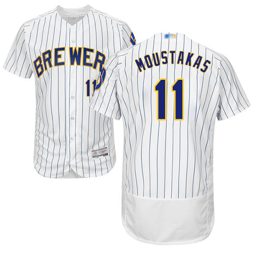 Brewers #11 Mike Moustakas White Strip Flexbase Authentic Collection Stitched MLB Jersey Brewers #11 Mike Moustakas White Strip Flexbase Authentic Collection Stitched MLB Jersey