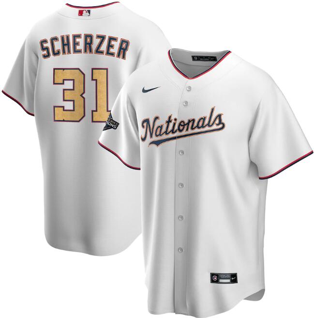 Men's Washington Nationals #31 Max Scherzer White MLB 2020 Gold Program Stitched Championship Jersey Men's Washington Nationals #31 Max Scherzer White MLB 2020 Gold Program Stitched Championship Jersey
