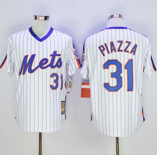 Mitchell And Ness Mets #31 Mike Piazza White(Blue Strip) Throwback Stitched MLB Jersey Mitchell And Ness Mets #31 Mike Piazza White(Blue Strip) Throwback Stitched MLB Jersey