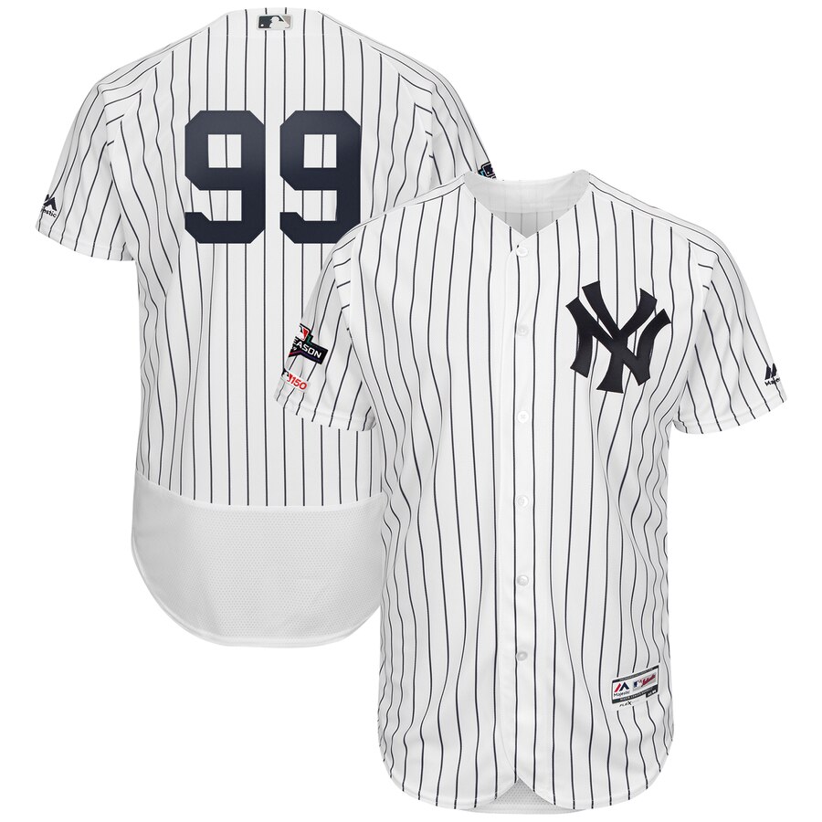New York Yankees #99 Aaron Judge Majestic 2019 Postseason Authentic Flex Base Player Jersey White Navy New York Yankees #99 Aaron Judge Majestic 2019 Postseason Authentic Flex Base Player Jersey White Navy