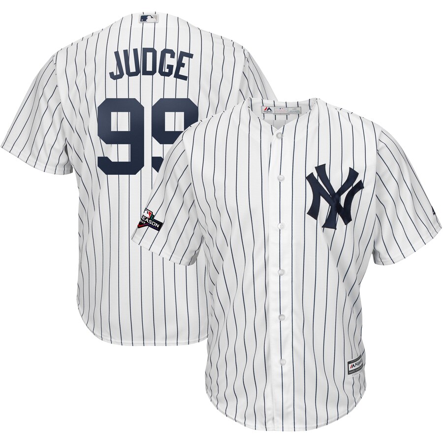 New York Yankees #99 Aaron Judge Majestic 2019 Postseason Official Cool Base Player Jersey White Navy New York Yankees #99 Aaron Judge Majestic 2019 Postseason Official Cool Base Player Jersey White Navy