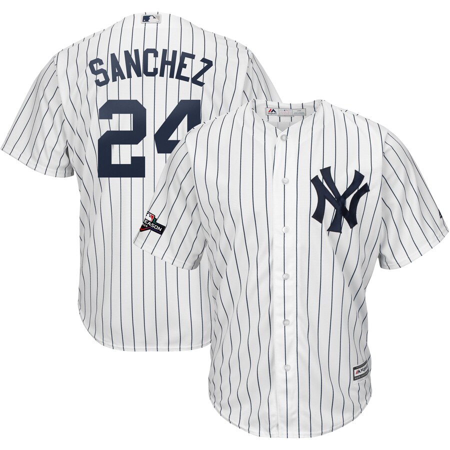 New York Yankees #24 Gary Sanchez Majestic 2019 Postseason Official Cool Base Player Jersey White Navy New York Yankees #24 Gary Sanchez Majestic 2019 Postseason Official Cool Base Player Jersey White Navy